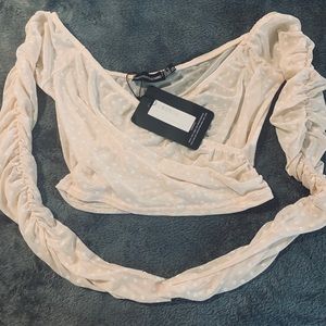 PrettyLittleThing nude mesh ruched sleeve crop top
